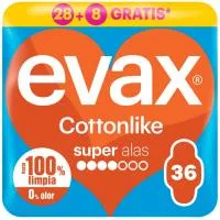 Compresas Super con Alax Evax Cottonlike, Paquete 28+8 Uds