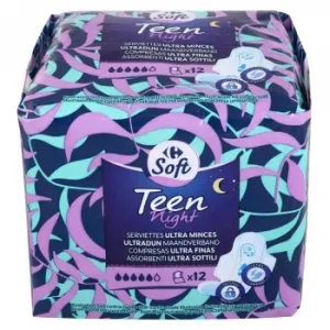 Compresas Ultra Finas con Alas Noche Teen Night  Carrefour 12 Ud.