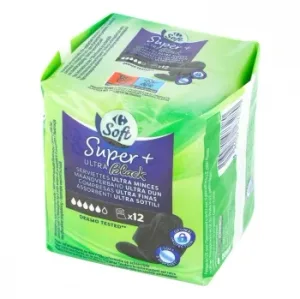 Compresas Ultra Finas con Alas Super+ Negras Soft Carrefour 12 Ud.