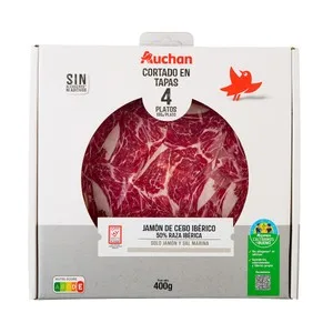 Alcampo Cultivamos LO Bueno Estuche con Sobres de Jamón de Cebo Ibérico (50% Raza Ibérica), Cortado en Tapas 4 X 100 G. 400 G