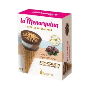 LA Menorquina Cono de Helado de 3 Chocolates sin Azúcares Añadidos Recetas Artesanales 4 X 120 Ml.