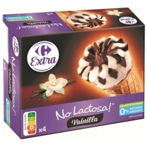 Conos con Helado de Vainilla Carrefour Extra sin Lactosa y sin Azúcar Añadido 4 Ud.