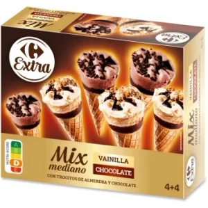 Conos con Helado de Vainilla y Chocolate Mix Mediano Extra Carrefour 8 Ud.