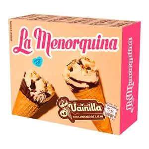 LA Menorquina Conos de Helado de Vainilla con Laminado de Chocolate, sin Azúcares Añadidos y sin Lactosa 4 X 120 Ml. 480 ML