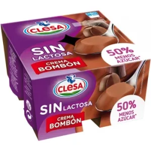 Crema Bombón Clesa sin Gluten, sin Lactosa y 50% Menos de Azúcar Añadido Pack de 4 Unidades de 125 G.