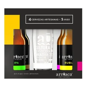 Arriaca Estuche de Cervezas 4 Uds. X 33 Cl. + Vaso Regalo