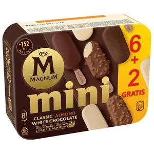Magnum de Frigo Mini Bombones Almendradros, de Chocolate, Chocolate con Leche y Chocolate Blanco 8 X 55 Ml. 440 ML
