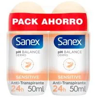 Desodorante Sensitive Sanex, Roll On, Pack 2x50 Ml