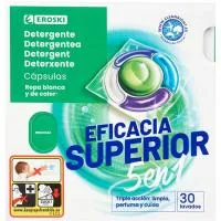 Detergente Cápsulas 5n1 Eficacia Superior Eroski, Caja 30 Dosis