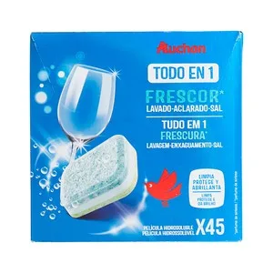Producto Alcampo Detergente para Lavavajillas para Máquinas, Frescor Todo en 1 Producto Alcampo 45 Uds. X 16 G. 720 G