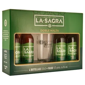 LA Sagra  Doble Malta Pack de Cerveza Extra 4 Uds 33 Cl. + Vaso