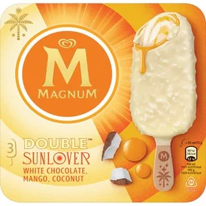 Double Sunlover Helado de Chocolate Blanco con Mango y Coco sin Gluten 3 Unidades  Magnum 255 ML