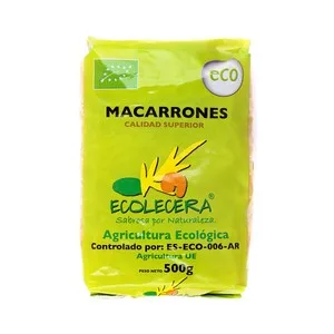 Ecolecera Pasta Macarrones Ecológicos, Pasta de Sémola de Trigo Duro de Calidad Superior 500 G.