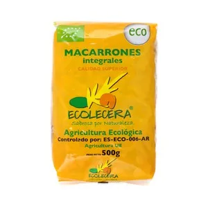 Ecolecera Pasta Macarrones Integrales de Calidad Superior, Ecológicos 500 G.