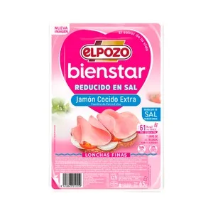 EL Pozo Bienstar Jamón Cocido Extra con Contenido Reducido en Sal y Contado en Finas Lonchas 65 G.