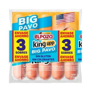 EL Pozo Big Pavo King Upp Salchichas Cocidas de Pavo Sabor Ahumado 3 X 200 G. 600 G