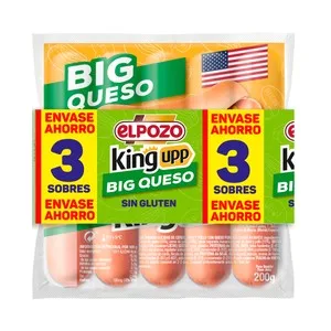 EL Pozo Big Queso King Upp Salchichas Cocidas de Cerdo, Pavo y Pollo con Queso 3 X 200 G. 600 G