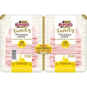 Family Pechuga de Pavo sin Grasa en Lonchas Finas sin Gluten sin Lactosa Pack 2 X 200 G  Elpozo 400 G