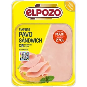 Fiambre de Pavo Sándwich Maxi en Lonchas sin Gluten  Elpozo 270 G