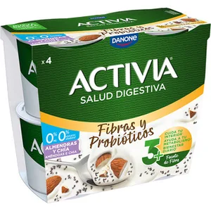Fibras y Probióticos Bífidus de Chía y Almendras Desnatado 0% M.g. 0% Azúcares Añadidos Pack 4 Unidades Envase 115 G Danone Activia