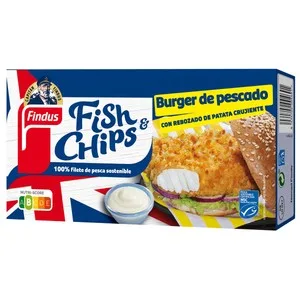 Findus Fish & Chips Burger de Pescado MSC (pesca Sostenible Certificada) con Rebozado de Patata Crujiente 270 G.