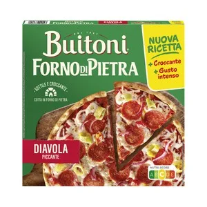 Buitoni Forno Di Pietra Pizza Diavola (picante) con Pepperoni, Guindillas y Masa Fina y Crujiente 350 G.