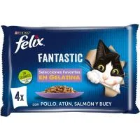 Gelatinas Pollo-atún-salmón y Buey para Gato Félix, Pack 4x85 G