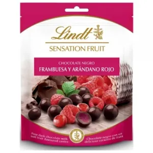 Grageas de Chocolate Negro Rellenas de Frambuesa y Arándanos Rojos Sensation Fruit Lindt 150 G.