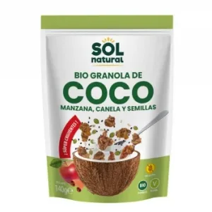 Granola Crujiente de Coco con Manzana, Canela y Semillas Ecológica Sol Natural sin Gluten Doy Pack 140 G.