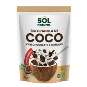 Granola Crujiente de Coco y Semillas Bañada en Chocolate Ecológica Sol Natural sin Gluten Doy Pack 140 G.