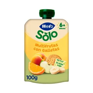 Hero Solo Bolsita de Frutas (naranja, Plátano Manzana y Melocotón) con Galleta, a Partir de 6 Meses 100 G.