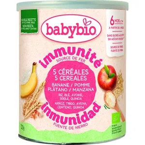 Inmunité Papilla Ecológica de 5 Cereales Plátano y Manzana a Partir de 6 Meses sin Azúcar Añadido Babybio