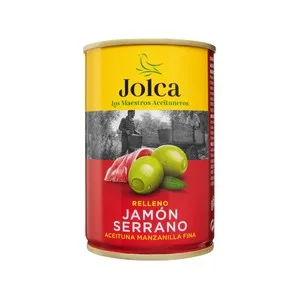 Jolca Aceitunas Verdes Manzanilla Rellenas de Jamón Serrano Lata de 130 G.