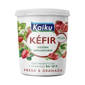 Kaiku Kéfir con Probióticos, Vitaminas B6 y B12 y Fresa y Granada  Plus 350 G.