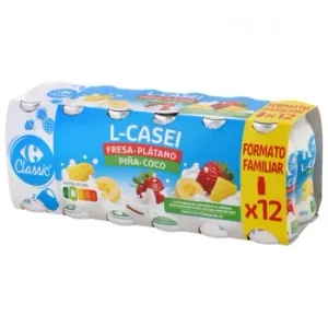 L.casei Líquido Sabor Fresa-plátano y Piña-coco Carrefour Classic Pack de 12 Unidades de 100 G.