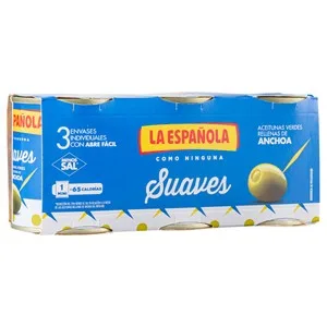 LA Española Aceitunas Verdes Rellenas de Anchoas Suaves Pack de 3 Latas de 50 G. 150 G