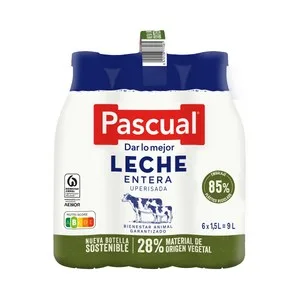 Pascual Leche de Vaca Entera, de Bienestar Animal Garantizado 6 X 1.5 L. 9000 ML
