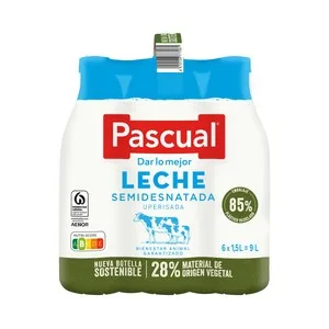 Pascual Leche de Vaca Semidesnatada, de Bienestar Animal Garantizado 6 X 1.5 L. 9000 ML