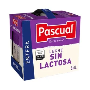 Pascual Leche Entera sin Lactosa Procedente de Vacas con Bienestar Garantizado  6 X 1 L. 6000 ML