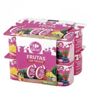 Leche Fermentada Desnatada con Trozos de Frutas de Fresa, Piña y Frutas del Bosque sin Azúcar Añadido Carrefour Pack de 12 Unidades de 125 G.
