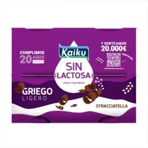 Leche Fermentada Estilo Griego de Stracciatella Kaiku sin Gluten sin Lactosa Pack de 4 Unidades de 90 G.