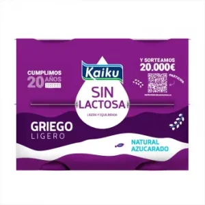 Leche Fermentada Estilo Griego Natural Azucarado Kaiku sin Lactosa Pack de 4 Unidades de 90 G.