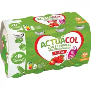 Leche Fermentada Líquida de Fresa sin Azúcar Añadido Carrefour Actuacol sin Gluten Pack de 8 Unidades de 100 G.