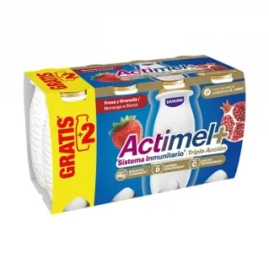 Leche Fermentada Semidesnatada con Fresa y Granada Danone Actimel sin Gluten Pack de 6 Unidades de 100 G.