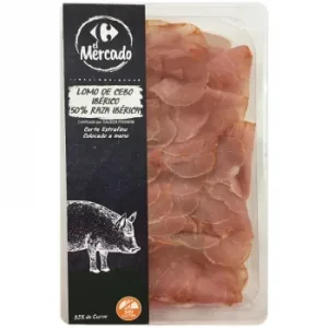 Lomo de Cebo Ibérico 50% Raza Ibérica en Lonchas Extrafinas Carrefour el Mercado sin Gluten 100 G