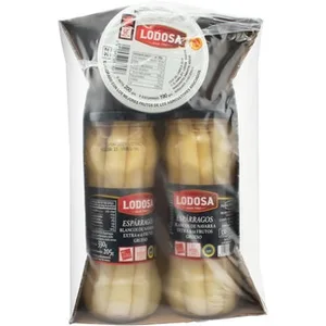 Lote de Espárragos Blancos Extra IGP de Navarra Gruesos 9-12 Piezas Pack 2 + Pimientos del Piquillo DOP de Lodosa Frasco 200 G Neto Escurrido Lodosa