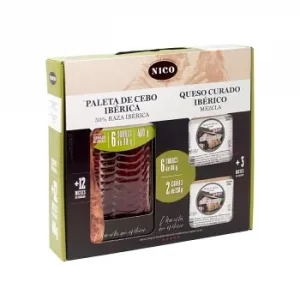 Maletín de Paleta de Cebo Ibérica 50% Raza Ibérica en Lonchas 6 Paquetes de 80 G + Queso de Mezcla Curado 2 Cuñas de 250 G