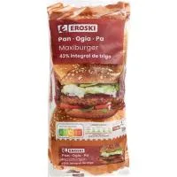 Maxi Pan Burguer 43% Integral Eroski, 4 Uds, Paquete 330 G