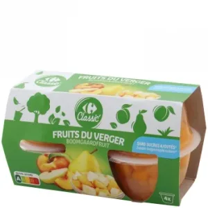 Melocotón y Pera en Trozos con Zumo de Uva Classic Carrefour sin Azúcar Añadido Pack de 4 Unidades de 70 G.