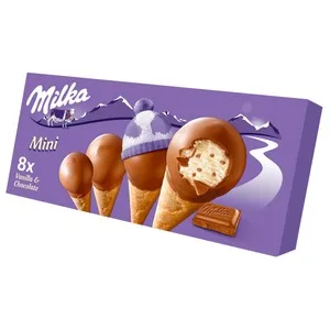 Milka Mini Conos de Vainilla con Trocitos de Chocolate con Leche y Recubiertos de Chocolate 8 X 25 Ml. 200 ML